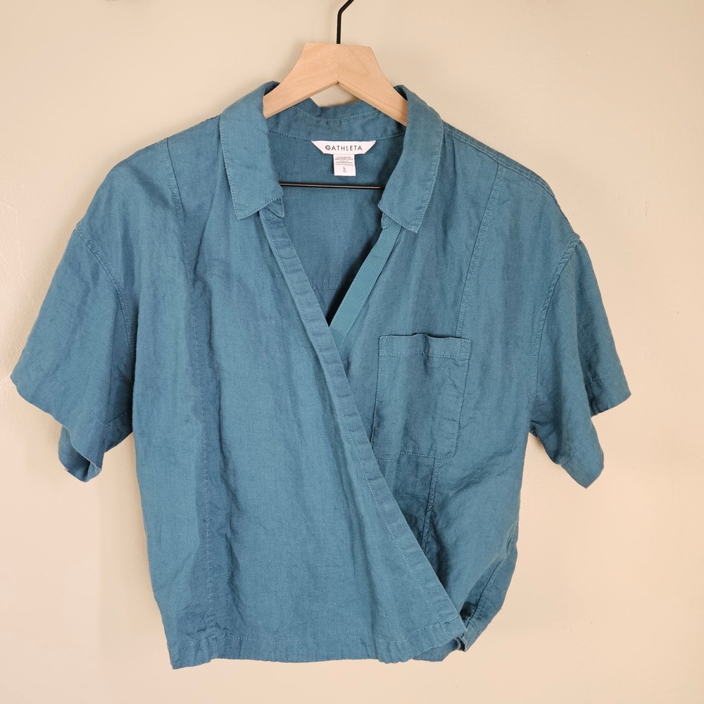 Athleta Linen Wrap Top Sz L Teal Green - No Drawstring